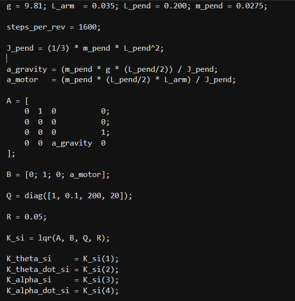 MATLAB script building the state-space model and computing the LQR gains